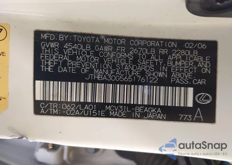 2006 Lexus Es 330 z USA, uszkodzony, nr VIN JTHBA30G565176122